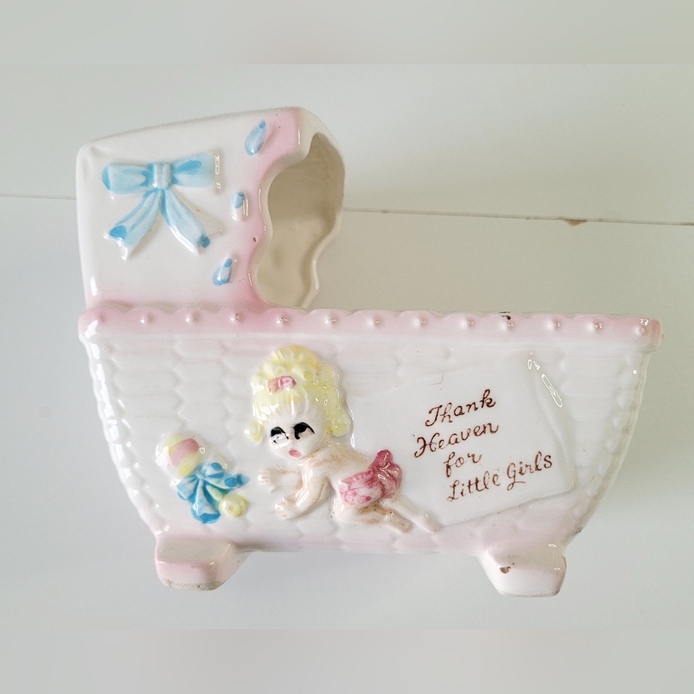 Vintage Japan Baby Girl Bassinet Pottery Planter "Thank Heaven For Little Girls"